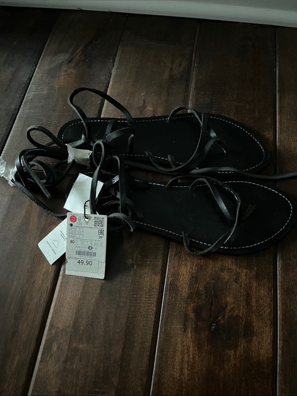 Zara Black Tie-Up Flat Sandals - Women